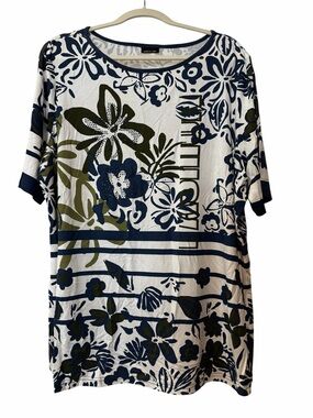 Barbara Lebek Blue Floral Rhinestone Top White Short Sleeve Tunic Size 18